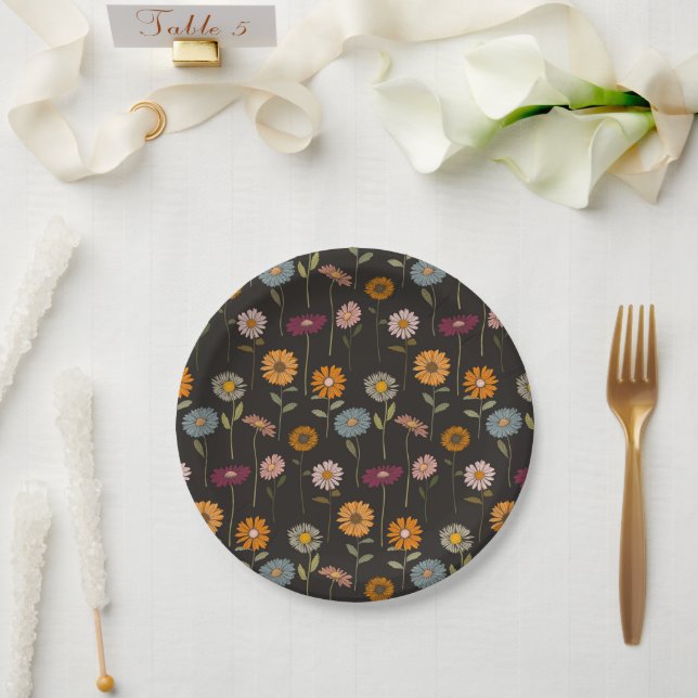 Prato De Papel Padrão de Flores de Disies Retro (Casamento)