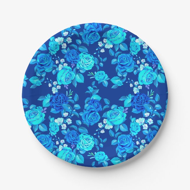 Prato De Papel Padrão de Flores de Rosa Azul Clássico-87600 (Frente)