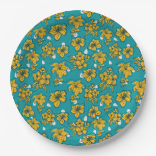 Prato De Papel Padrão de Flores de Teal Amarelo