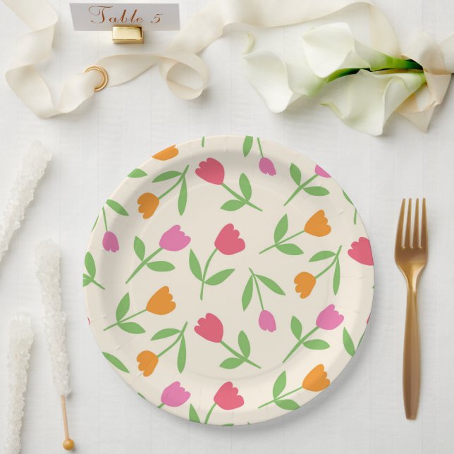 Prato De Papel Padrão de flores de tulipa retrô em laranja, rosa  (Casamento)