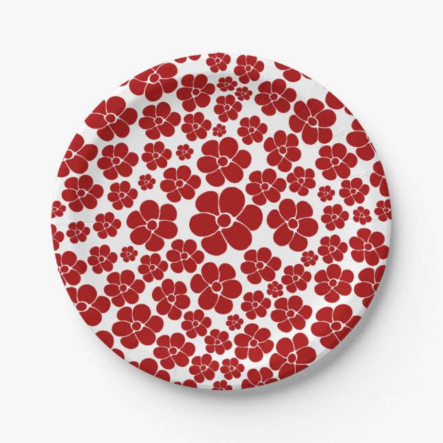Prato De Papel Padrão de Flores em Vermelho e Branco (Frente)