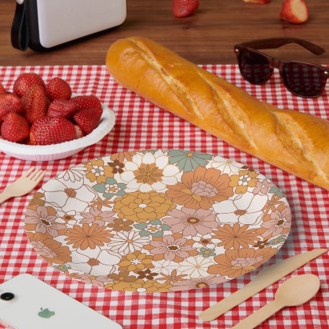 Prato De Papel Padrão de Flores Groovy Boho 70s (Piquenique)