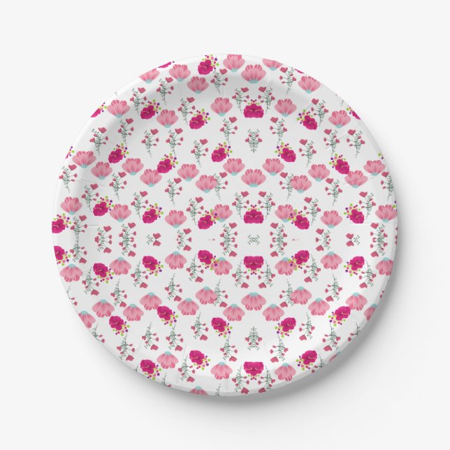 Prato De Papel Padrão de Flores Rosa (Frente)