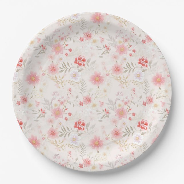 Prato De Papel Padrão de Flores Rosa Pastel Vermelho Branco (Frente)