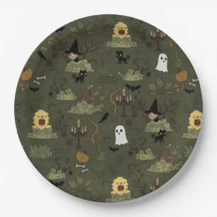 Prato De Papel Padrão de Floresta Assombrada de Halloween