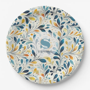 Prato De Papel Padrão de Folha Azul e Dourada (2)