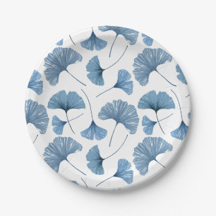 Prato De Papel Padrão de folhagem de Gingko azul e branco em aqua