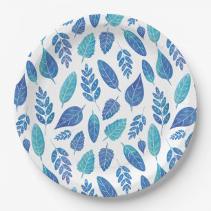 Prato De Papel Padrão de Folhas de Aquarela Azul