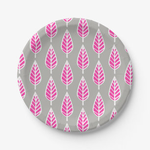 Prato De Papel Padrão de folhas de faia - Fresca rosa e prata