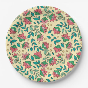 Prato De Papel Padrão de Folhas de Flores Prensadas Desenhadas à