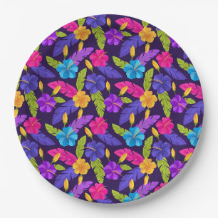 Prato De Papel Padrão de Folhas e Flores Tropicais-23857