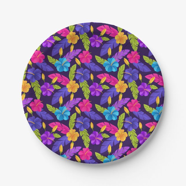Prato De Papel Padrão de Folhas e Flores Tropicais-23857 (Frente)