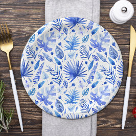 Prato De Papel Padrão de Folhas Tropicais Azul Cobalto 18cm