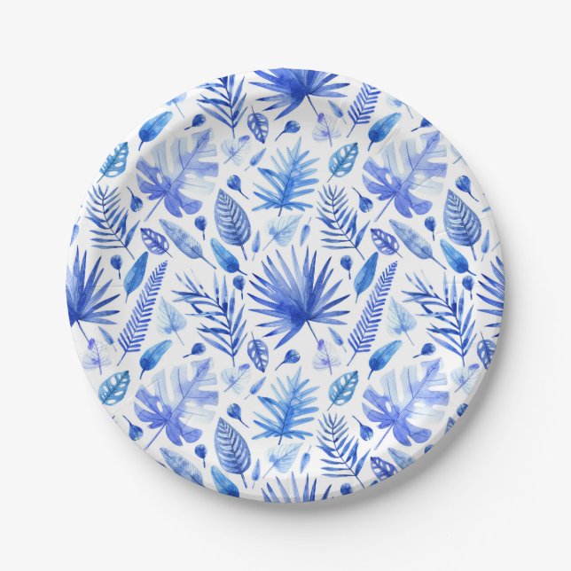 Prato De Papel Padrão de Folhas Tropicais de Cobalto Azul de 7" (Frente)