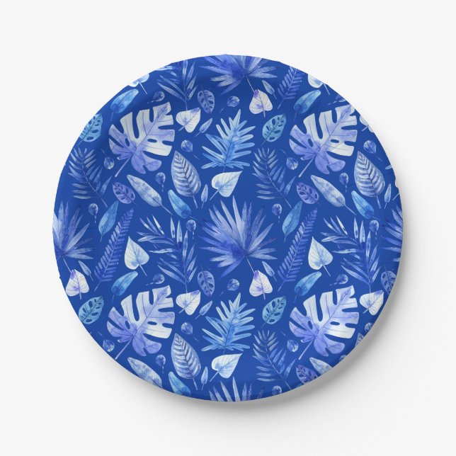 Prato De Papel Padrão de Folhas Tropicais de Cobalto Azul de 7" (Frente)