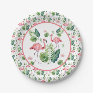 Prato De Papel      Padrão de Folhas Tropicais de Flamingo Rosa 