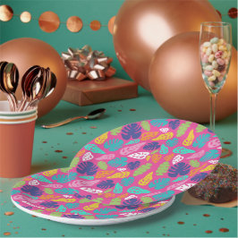 Prato De Papel Padrão de Folhas Tropicais de Verão Brilhantes