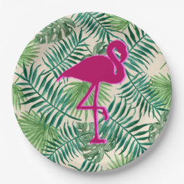 Prato De Papel Padrão de Folhas Tropicais e Flamingo Rosa