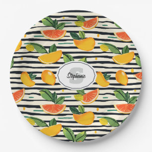 Prato De Papel Padrão de Fruta de Citros Vibrante com Folhas Verd