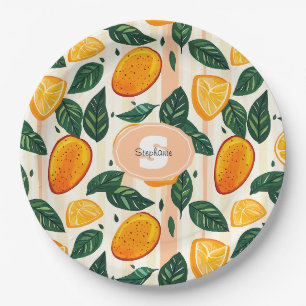 Prato De Papel Padrão de Fruta de Citros Vibrante com Folhas Verd