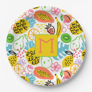 Prato De Papel Padrão de Fruta de Verão Monograma