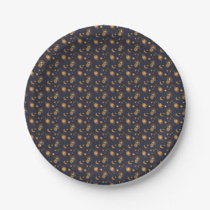Prato De Papel Padrão de galáxia lua sol celestial preto dourado