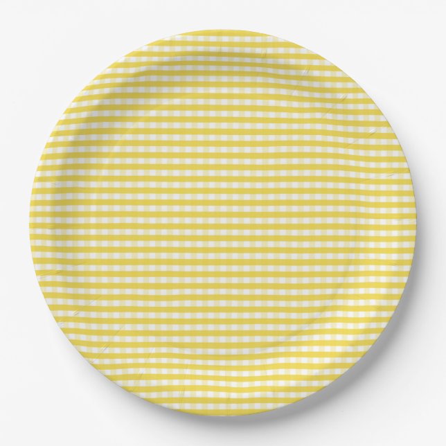 Prato De Papel Padrão de Gingham Amarelo (Frente)
