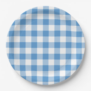 Prato De Papel Padrão de Gingham Branco e Azul Claro