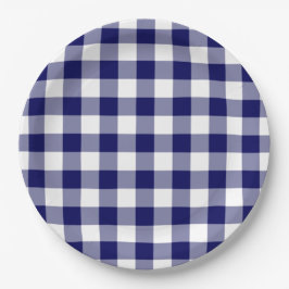 Prato De Papel Padrão de Gingham Branco e marinho