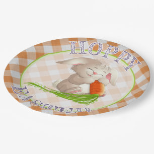 Prato De Papel Padrão de Gingham Laranja Coelho Felz pascoa Hopp