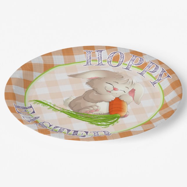 Prato De Papel Padrão de Gingham Laranja Coelho Felz pascoa Hoppy (Inclinado)