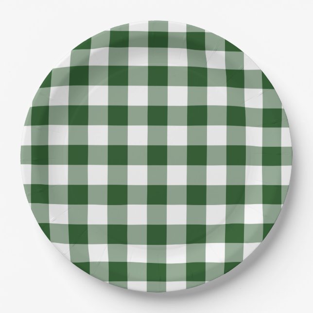 Prato De Papel Padrão de Gingham Verde e Branco (Frente)
