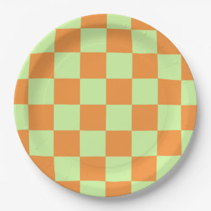 Prato De Papel Padrão de Gingham Verificado em Laranja Verde