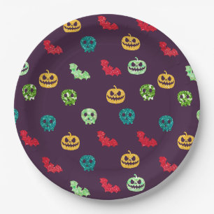 Prato De Papel Padrão de Halloween com Brilho Multicolor