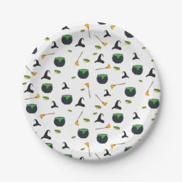 Prato De Papel Padrão de Halloween da Bruxa Broom Caldron
