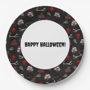 Prato De Papel Padrão de Halloween de Caveiras e Rosas Góticas