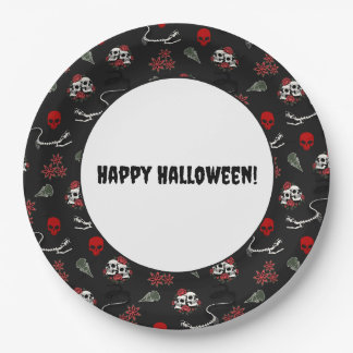 Prato De Papel Padrão de Halloween de Caveiras e Rosas Góticas