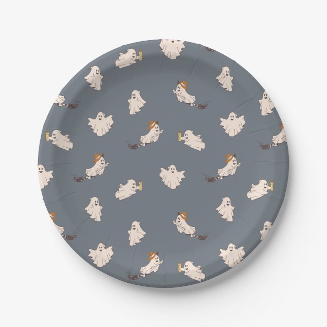Prato De Papel Padrão de Halloween para Fantasmas Reproduzíveis (Frente)