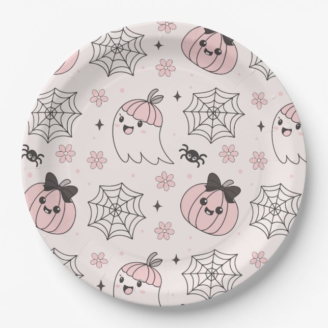 Prato De Papel Padrão de Halloween Rosa de Kawaii com Fantasma, A (Frente)