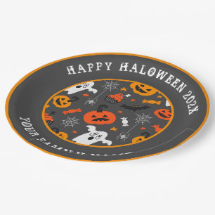 Prato De Papel Padrão de Halloween Texto personalizado