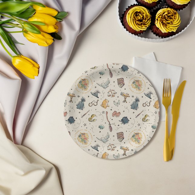 Prato De Papel Padrão de ícones do Harry Potter - Chá de fraldas (Plate on table)