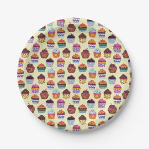 Prato De Papel Padrão de Ilustração de Cupcakes Coloridos Diverti