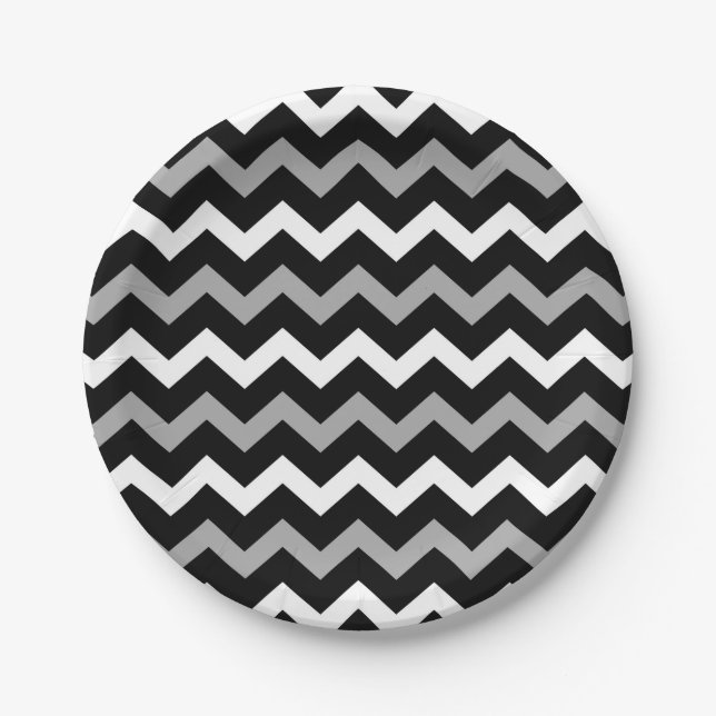 Prato De Papel Padrão de Impressão Chevron Preto Branco e Cinza (Frente)