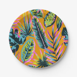 Prato De Papel Padrão de Impressão de Folhas e Plantas Tropicais 