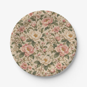 Prato De Papel Padrão de Jardim de Peônia e Rosa Romântico Vintag