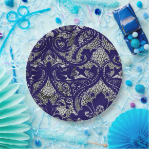Prato De Papel Padrão de Lace Preto e Branco Elegante