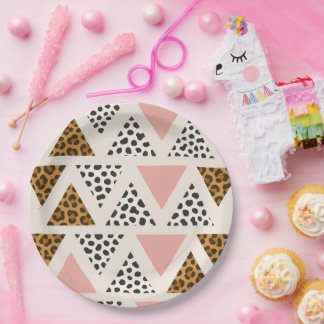 Prato De Papel Padrão de Leopardo Chic e Triângulo Rosa