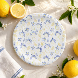 Prato De Papel Padrão de limão cítrico azul e amarelo
