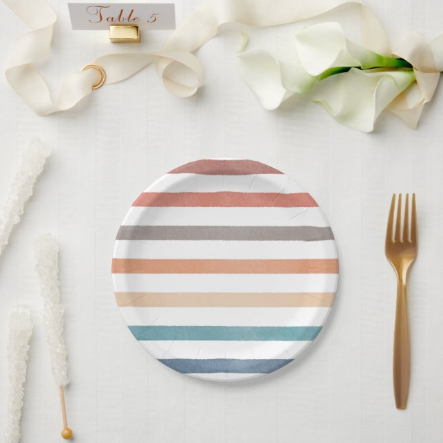 Prato De Papel Padrão de Listras Boho Retro (Casamento)