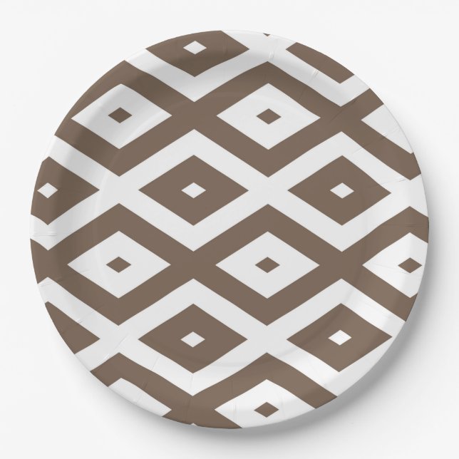 Prato De Papel Padrão de losango branco e castanho de taupe (Frente)